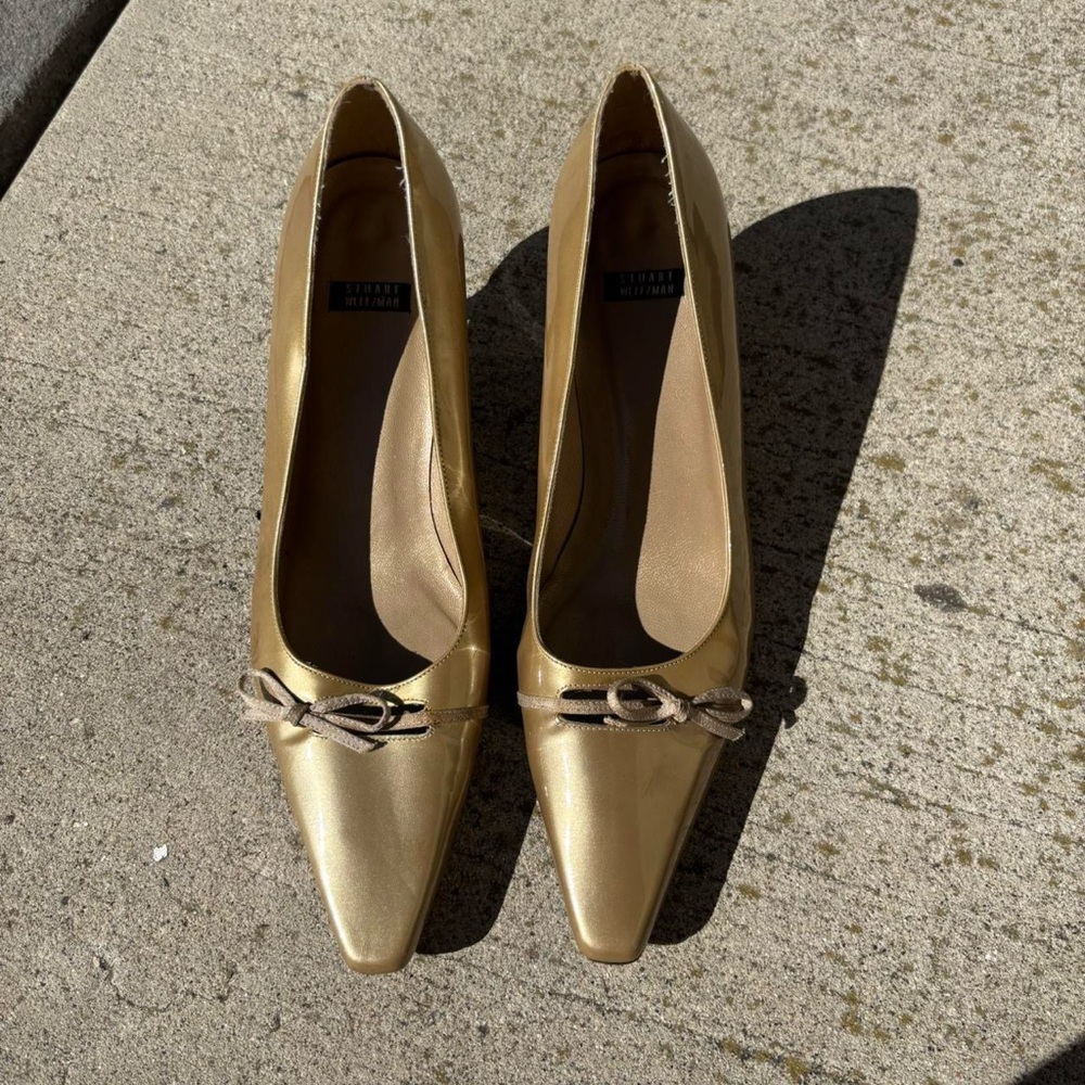 Stuart Weitzman Gold Kitten Heels with Bow Accent